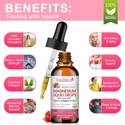 Mulittea Magnesium Glycinate Liquid Drops | Maximum Potency Triple Magnesium Complex for Full-Body Support