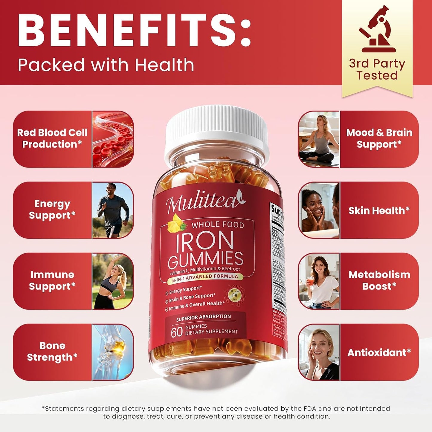 Mulittea Iron Gummies for Women & Men – Gentle 4-Source Iron Supplement with Vitamin C, B12, Folate & Copper – Energy & Daily Wellness Support – Vegan Pineapple Flavor
