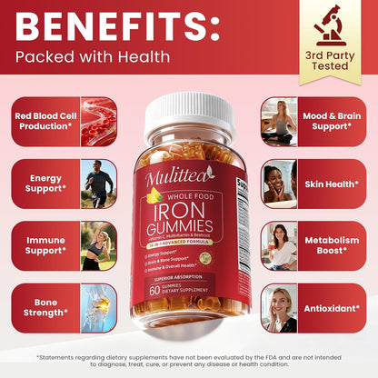Mulittea Iron Gummies for Women & Men – Gentle 4-Source Iron Supplement with Vitamin C, B12, Folate & Copper – Energy & Daily Wellness Support – Vegan Pineapple Flavor