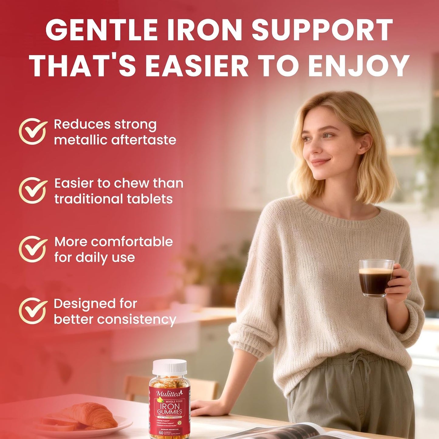 Mulittea Iron Gummies for Women & Men – Gentle 4-Source Iron Supplement with Vitamin C, B12, Folate & Copper – Energy & Daily Wellness Support – Vegan Pineapple Flavor