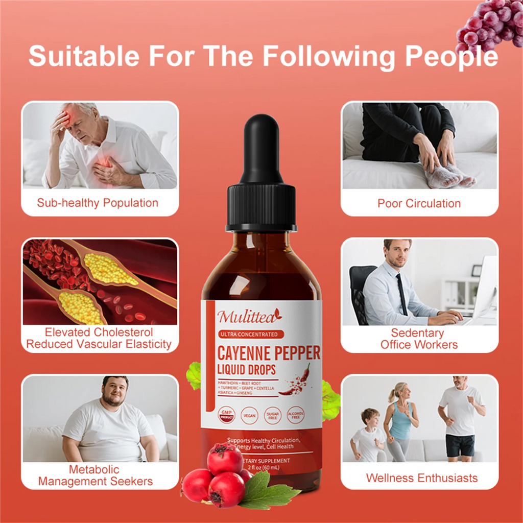 Cayenne Pepper Drops Supplement Liquid, Cayenne Pepper Extract with Hawthorn, Beet Root Powder, Turmeric Curcumin, Organic Ginseng, Garlic Extract, 1 Pack By Mulittea