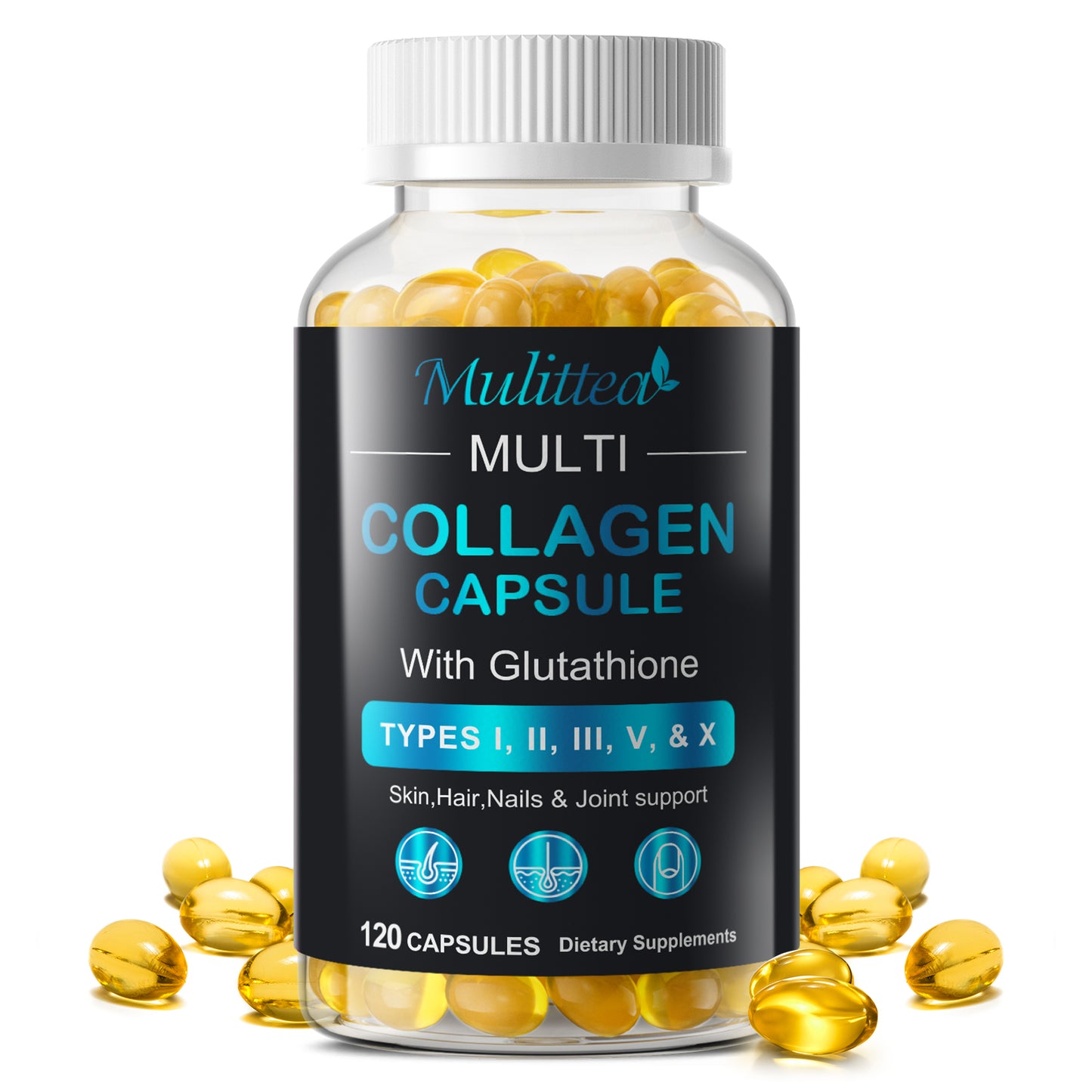 Mulittea Collagen Capsules (60 Count) | With Vitamin C, Non-GMO | Hair, Skin & Nail Support