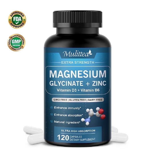 Mulittea Magnesium Glycinate 500mg Capsules with Zinc Vitamin D3 & B6 - Promotes Nerve, Bowel, Relaxation Function Vegan Capsules for Women & Men