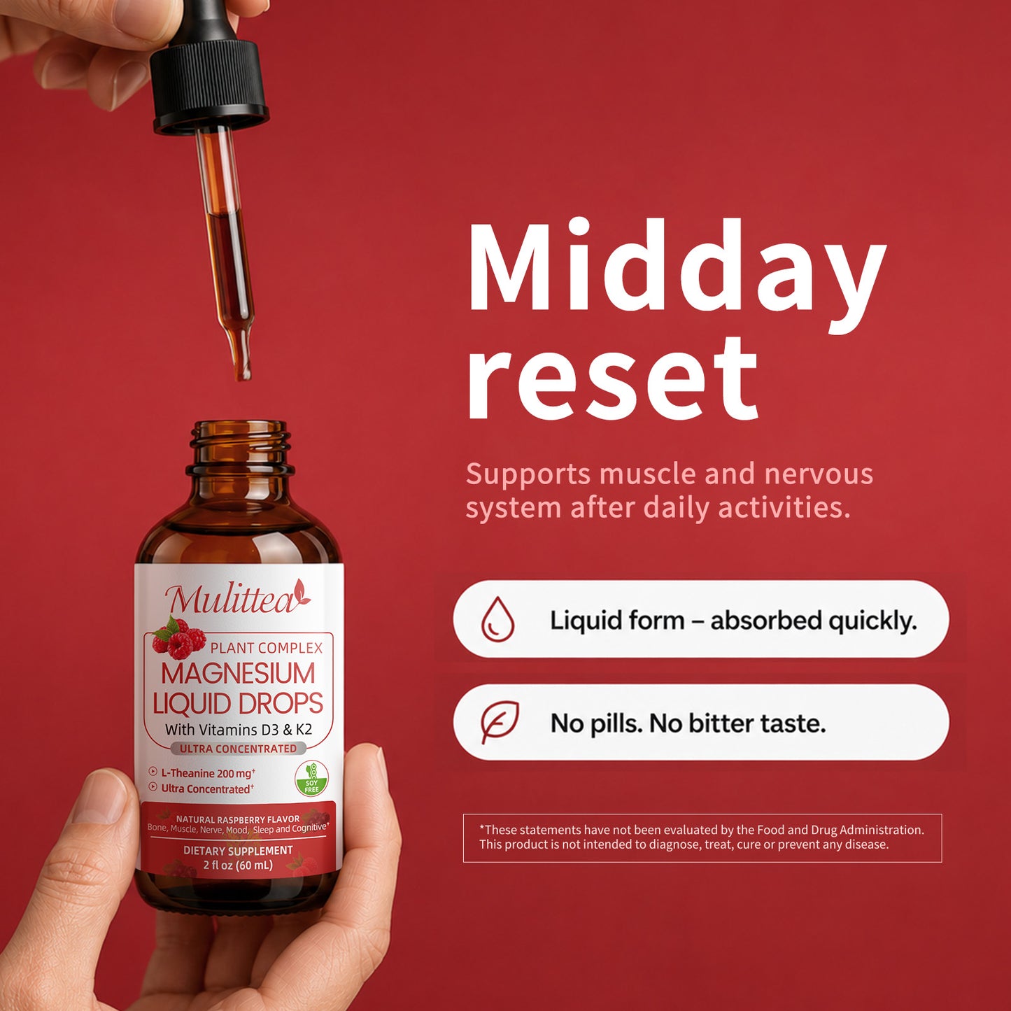 Magnesium Glycinate Liquid Drop - with Citrate, Malate and Taurate, L-Theanine, D3, K2,B6 - for Sleep, Bone,Muscles, Energy, Sugar-Free Raspberry Flavor - 4 Fl Oz