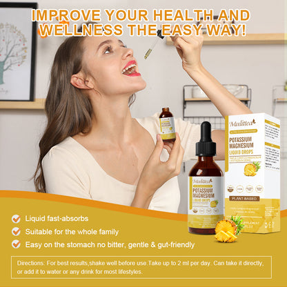 Mulittea® Pineapple Flavored Potassium Magnesium Liquid Drops - Ultra Concentrated for Sleep, Muscle Cramps & Heart Health - 95% High Absorption (2oz)
