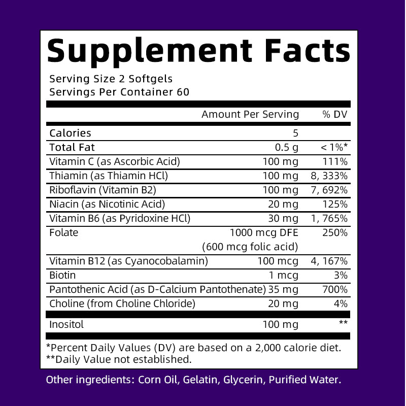 Vitamin B Complex Capsule (B12, B1, B2, B3, B5, B6, B7, B9, Folic Acid & Biotin) ,Reduce Stress & Supports Better Moods ,Assists Nervous System Health & Energy