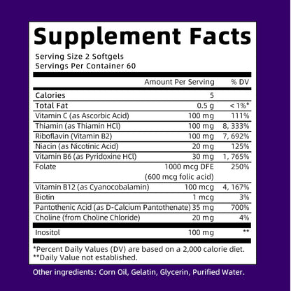 Vitamin B Complex Capsule (B12, B1, B2, B3, B5, B6, B7, B9, Folic Acid & Biotin) ,Reduce Stress & Supports Better Moods ,Assists Nervous System Health & Energy