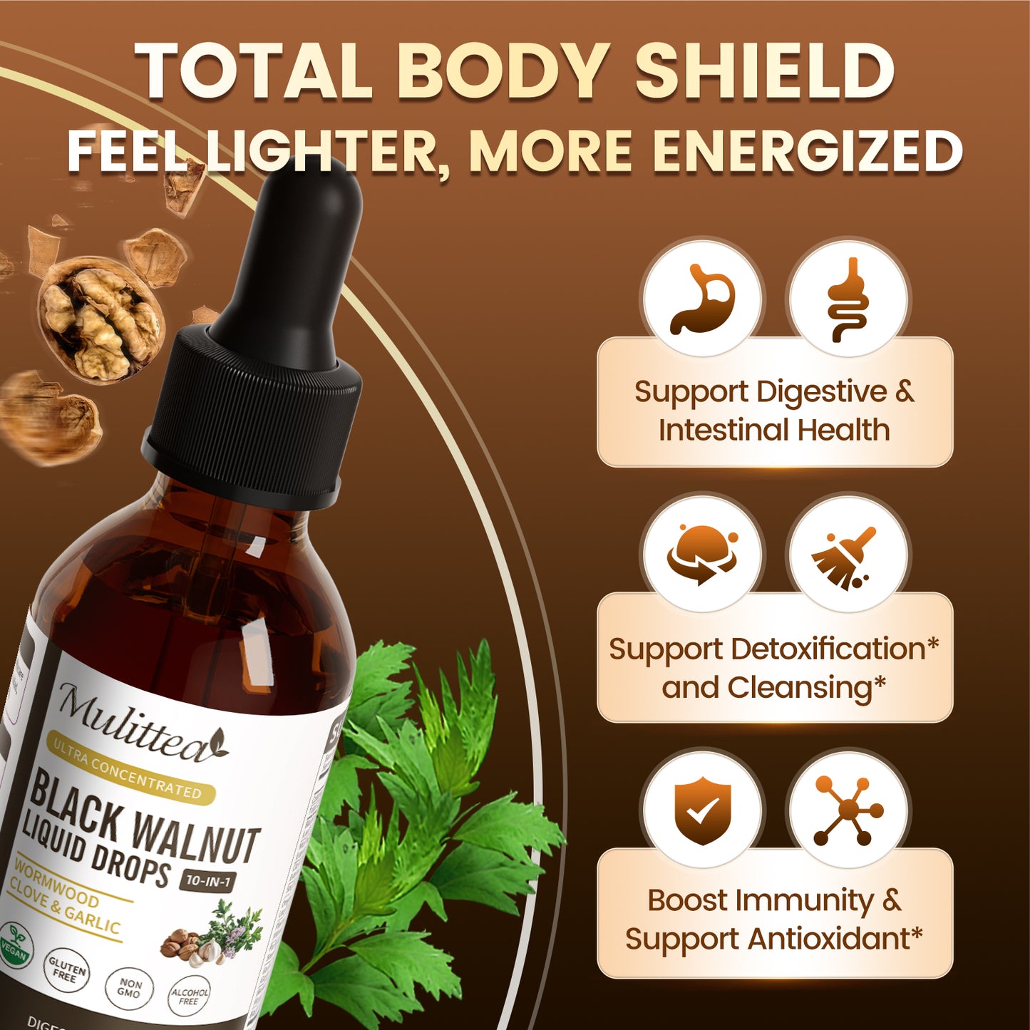 Mulittea Black Walnut Wormwood Tincture with Oregano Garlic & Berberine for Rapid Gut Cleanse & Digestive Health (98% Absorption)