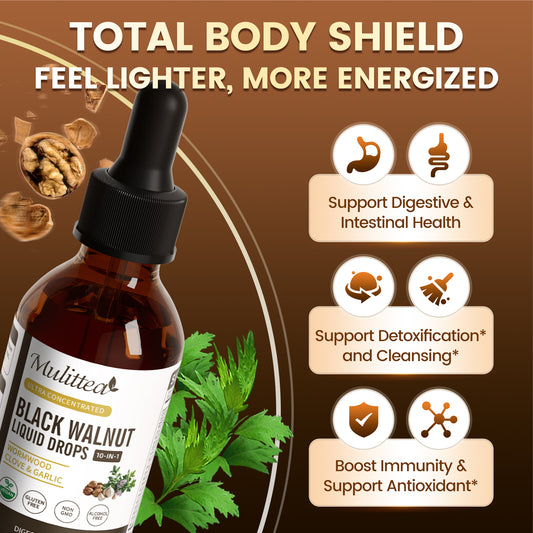 Mulittea Black Walnut Wormwood Tincture with Oregano Garlic & Berberine for Rapid Gut Cleanse & Digestive Health (98% Absorption)