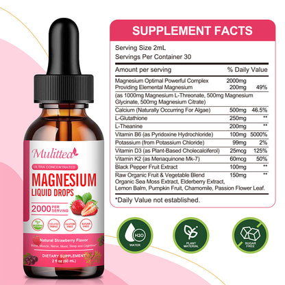 Mulittea Magnesium Liquid Drops 2000mg – Ultra Concentrated Magnesium Complex with D3, K2 & B6 | Natural Strawberry Flavor