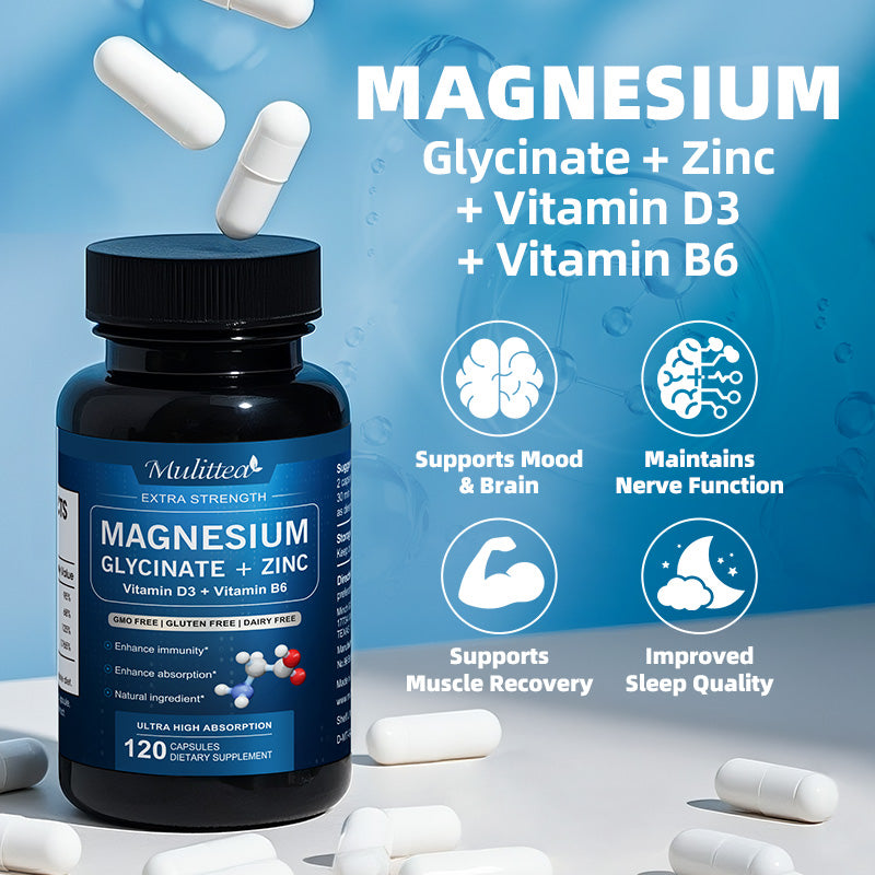 Mulittea Magnesium Glycinate 500mg with Zinc, Vitamin D3 & B6 - 60 counts