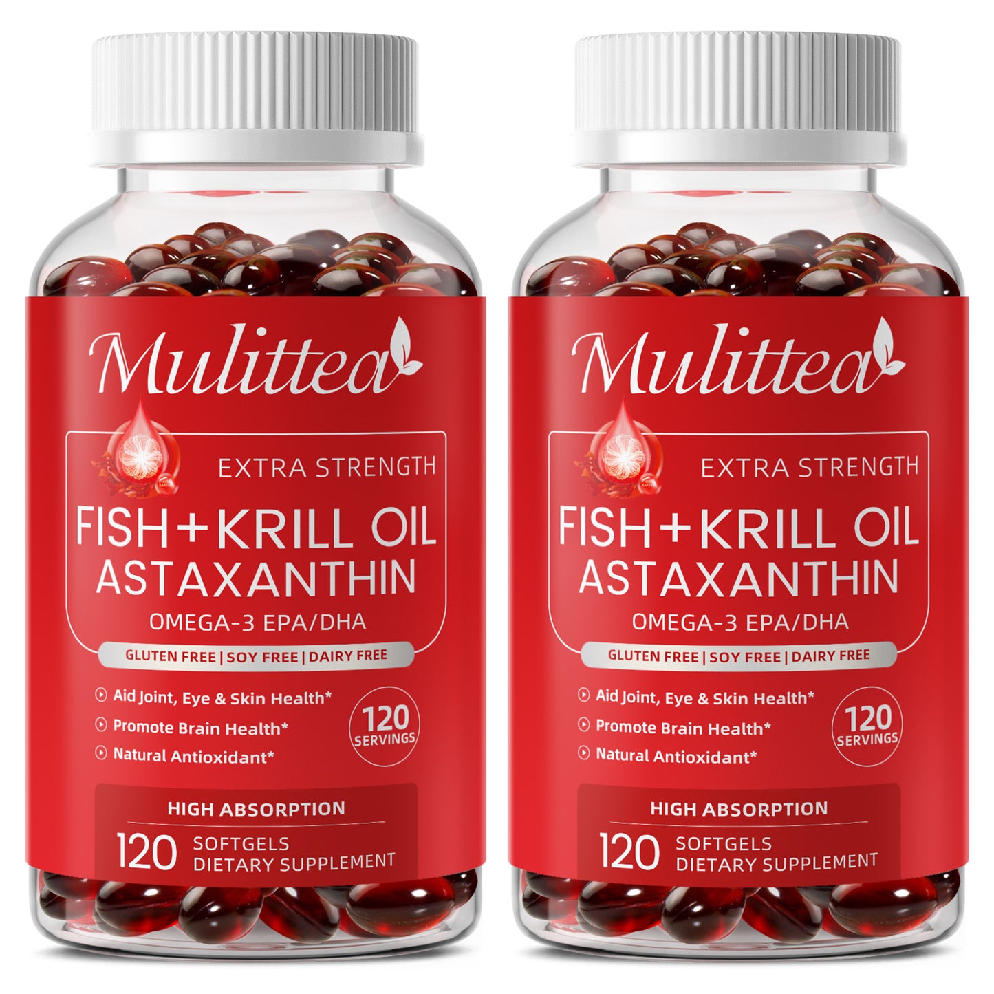 Mulittea Fish Oil + Krill Oil with EPA, DHA & Astaxanthin Supports Joint, Skin, Brain & Eye Health
