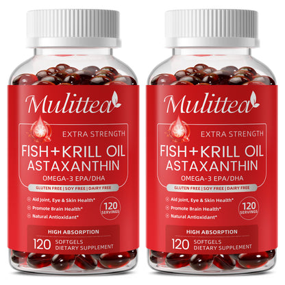 Mulittea Fish Oil + Krill Oil with EPA, DHA & Astaxanthin Supports Joint, Skin, Brain & Eye Health