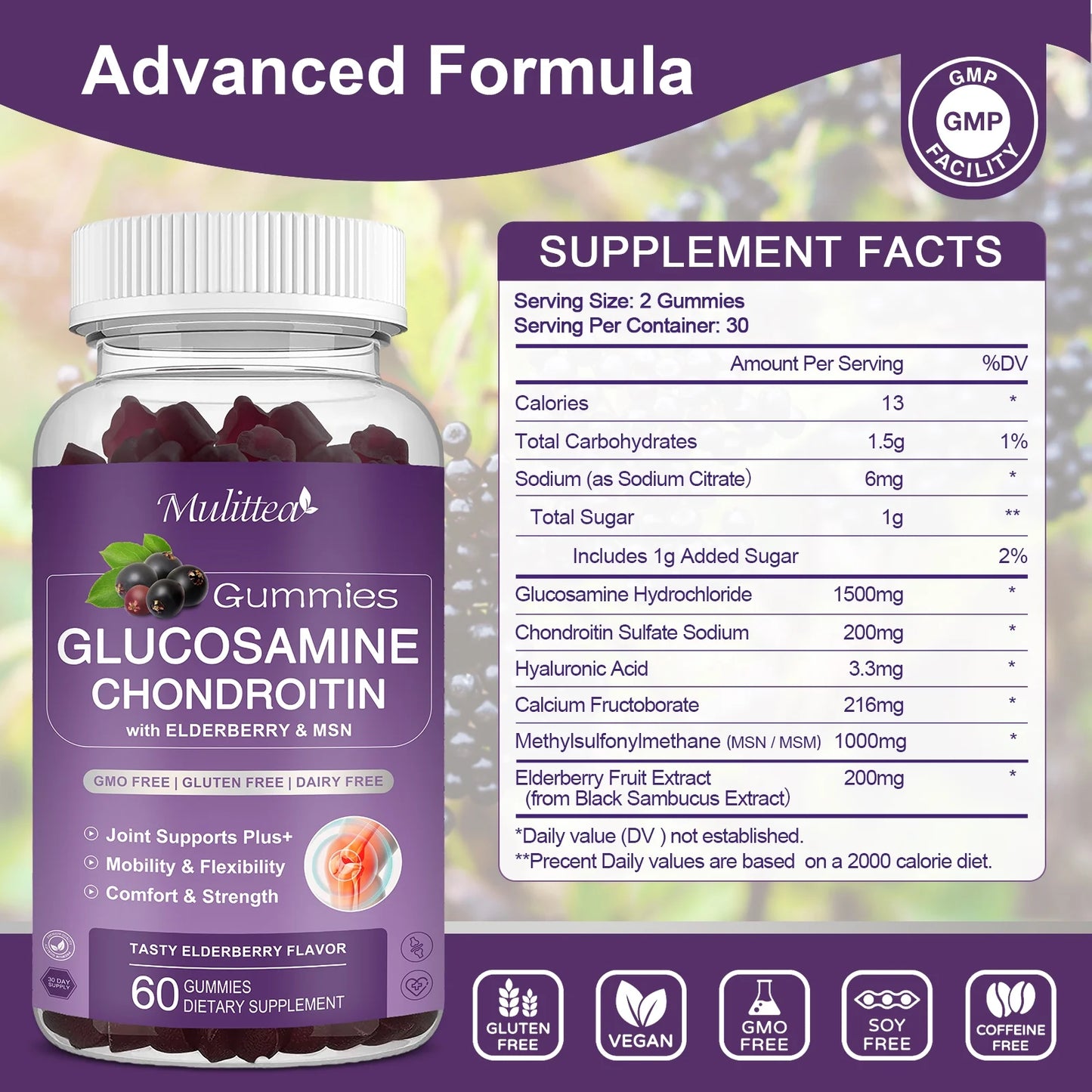 Mulittea Glucosamine Chondroitin Gummies - Extra Strength Joint Support Supplement with MSM & Elderberry for Natural Joint, Antioxidant Immune Support for Adults, Men & Women-(2 Pack)