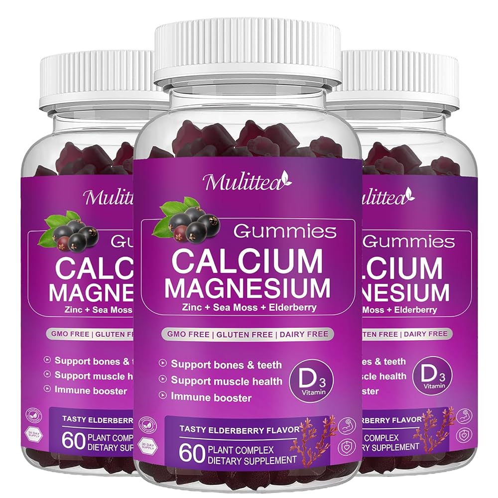 Mulittea Calcium Magnesium Zinc Gummies (3-Pack) | With 200mg Magnesium Glycinate, Potassium & D3 | Bone, Muscle & Sleep Support | Elderberry Flavor