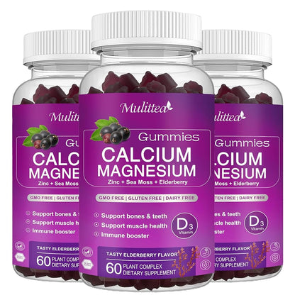 Mulittea Calcium Magnesium Zinc Gummies with Magnesium Glycinate 200mg, Potassium & D3 – Bone, Muscle & Sleep Support for Kids & Adults – Elderberry Flavor