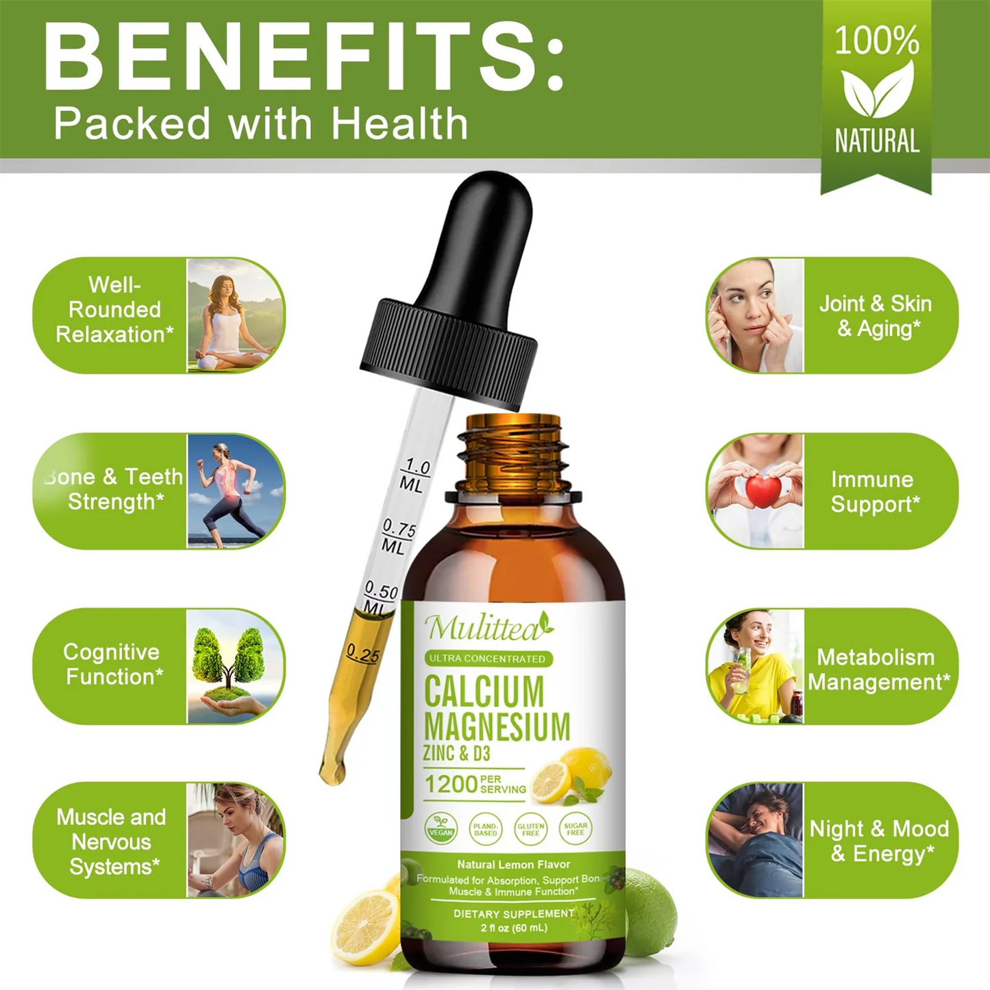 Calcium Magnesium Zinc Liquid with Vitamin D3, Magnesium Glycinate Drops Plus Vitamin C K2, High Absorption Plant Calcium Supplement for Heart & Bone, 30 Servings, Lemon Flavor