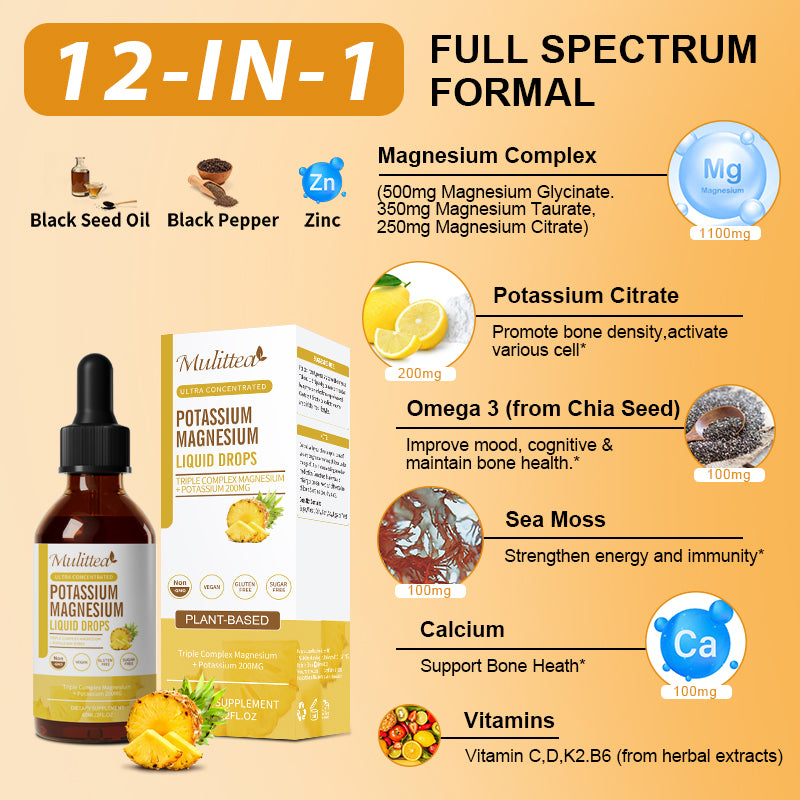 Mulittea® Pineapple Flavored Potassium Magnesium Liquid Drops - Ultra Concentrated for Sleep, Muscle Cramps & Heart Health - 95% High Absorption (2oz)