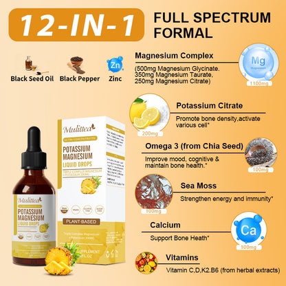 Mulittea® Pineapple Flavored Potassium Magnesium Liquid Drops - Ultra Concentrated for Sleep, Muscle Cramps & Heart Health - 95% High Absorption (2oz)