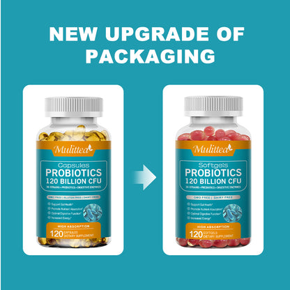 Mulittea Probiotic Capsules – 120 Billion CFU with Prebiotics & Digestive Enzymes – Gut Health & Immune Support, Constipation & Bloating Relief – 120 Capsules