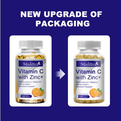 Vitamin C with Zinc – 1000mg Vitamin C + 20mg Zinc for Immune Support, Antioxidant & Energy – Vegan Capsules