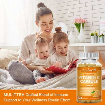 Mulittea Vitamin C 1000mg – Timed-Release Capsules with Rose Hips & Acerola – Immune Support, Collagen & Antioxidant Boost – 120 Vegan Capsules