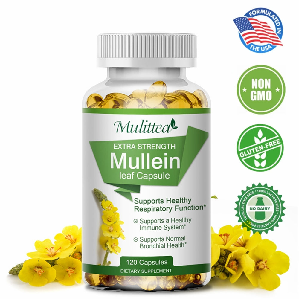 Mulittea Natural Mullein Leaf Capsules Herbal Supplement for Lung Cleanse, Supports Healthy Respiratory Function, 120 Capsules