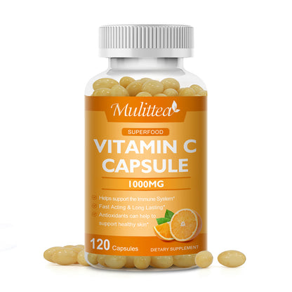 Mulittea Vitamin C 1000mg – Timed-Release Capsules with Rose Hips & Acerola – Immune Support, Collagen & Antioxidant Boost – 120 Vegan Capsules