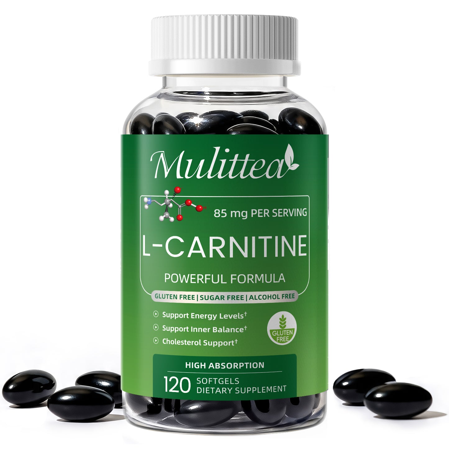 Mulittea® L-Carnitine Softgels - Premium L-Carnitine Tartrate 300mg Per Serving for Energy Production, Lipid Metabolism & Brain Health Support (120 Softgels)