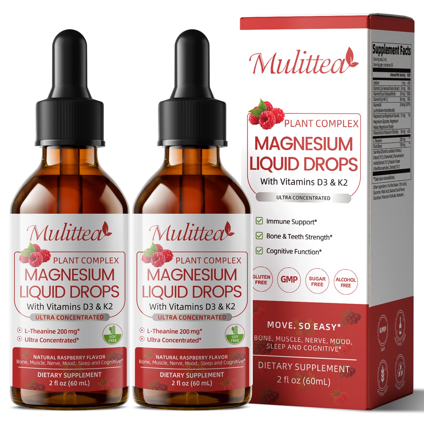 Magnesium Glycinate Liquid Drops – Triple Absorption Formula with Potassium, L-Theanine & Vitamins B, C, D3, K2 – Raspberry Flavor, Sugar-Free, Vegan