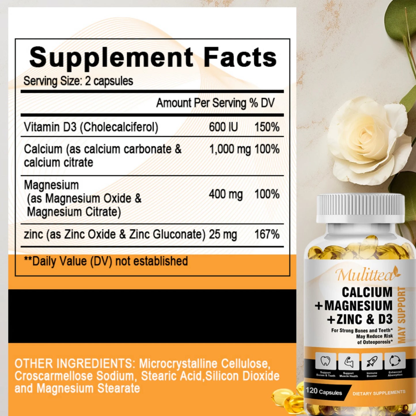 Mulittea Calcium Magnesium Zinc with Vitamin D3 Supplement, Strong Bones, Teeth & Heart, Easy to Swallow, 120 Capsules