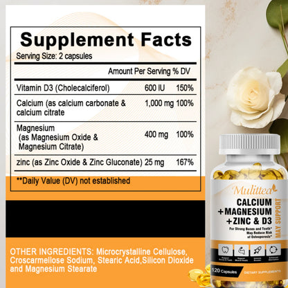 Mulittea Calcium Magnesium Zinc with Vitamin D3 Supplement, Strong Bones, Teeth & Heart, Easy to Swallow, 120 Capsules
