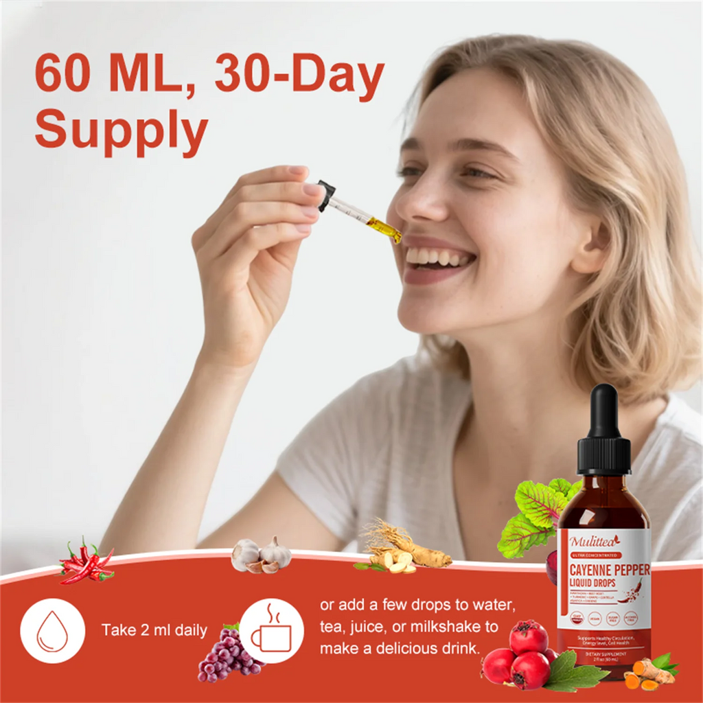 Cayenne Pepper Drops Supplement Liquid, Cayenne Pepper Extract with Hawthorn, Beet Root Powder, Turmeric Curcumin, Organic Ginseng, Garlic Extract, 1 Pack By Mulittea