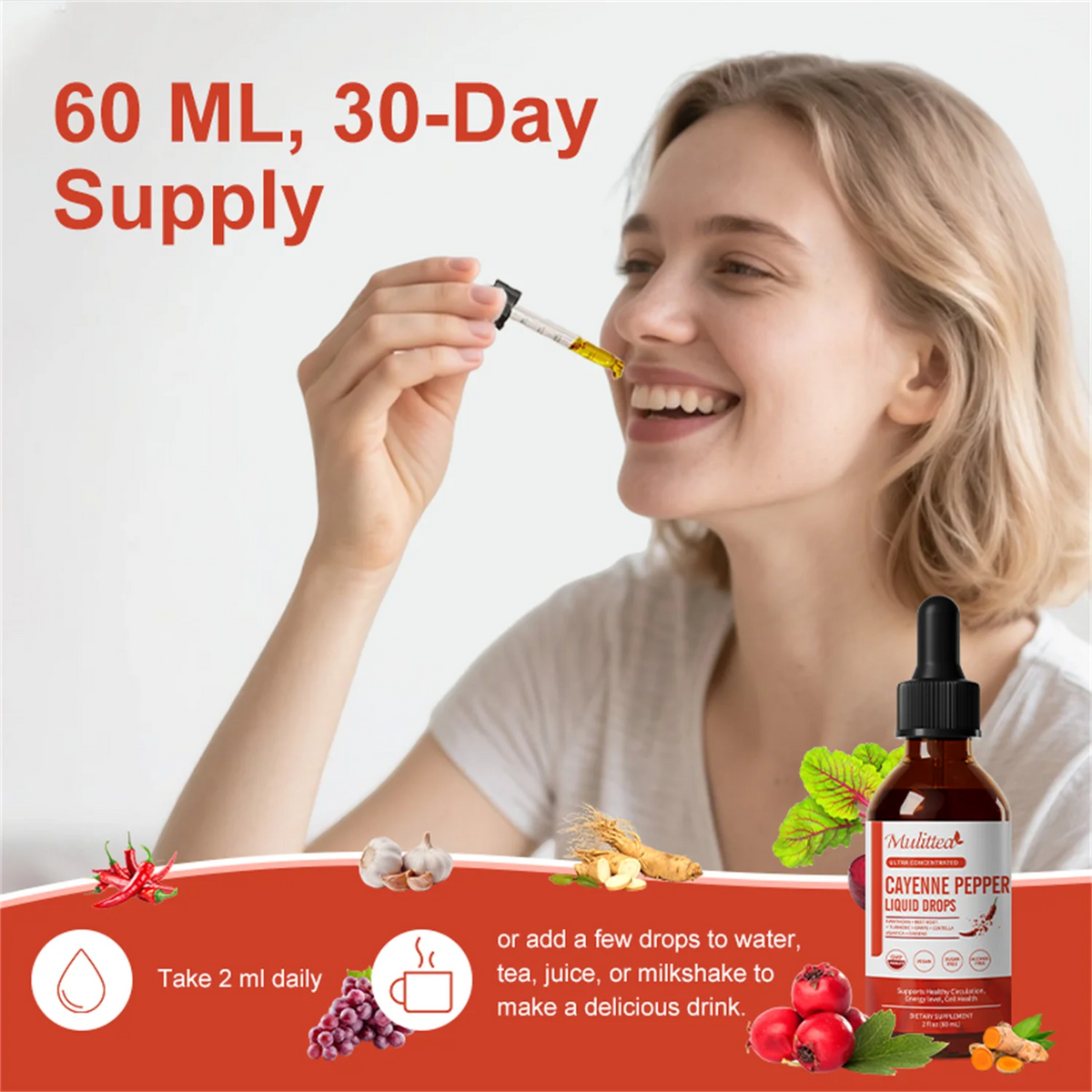 Cayenne Pepper Drops Supplement Liquid, Cayenne Pepper Extract with Hawthorn, Beet Root Powder, Turmeric Curcumin, Organic Ginseng, Garlic Extract, 1 Pack By Mulittea
