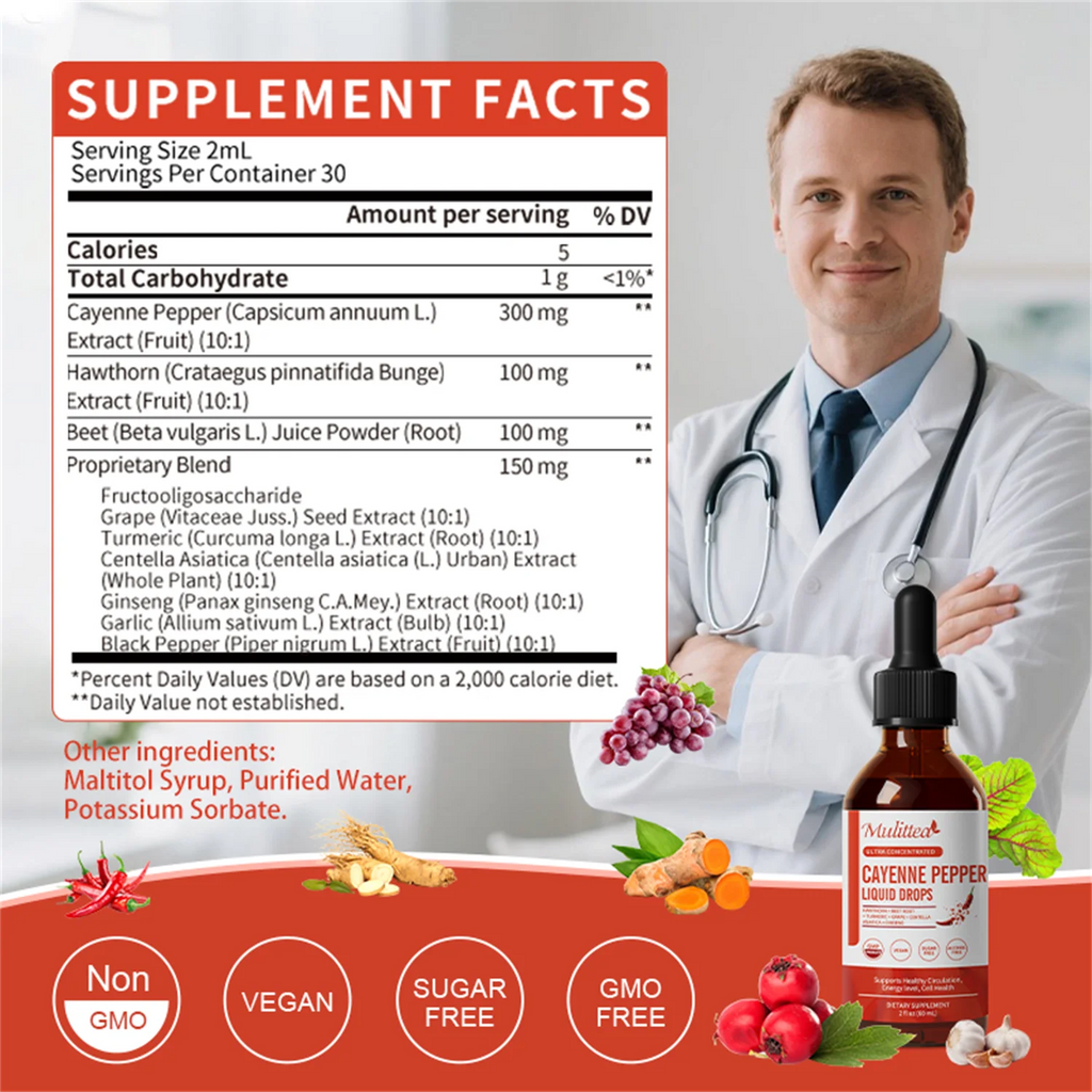 Cayenne Pepper Drops Supplement Liquid, Cayenne Pepper Extract with Hawthorn, Beet Root Powder, Turmeric Curcumin, Organic Ginseng, Garlic Extract, 1 Pack By Mulittea