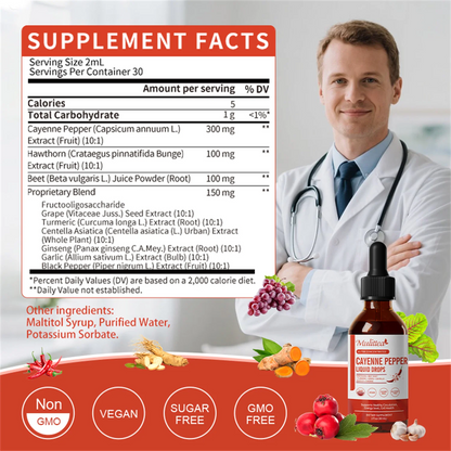 Cayenne Pepper Drops Supplement Liquid, Cayenne Pepper Extract with Hawthorn, Beet Root Powder, Turmeric Curcumin, Organic Ginseng, Garlic Extract, 1 Pack By Mulittea