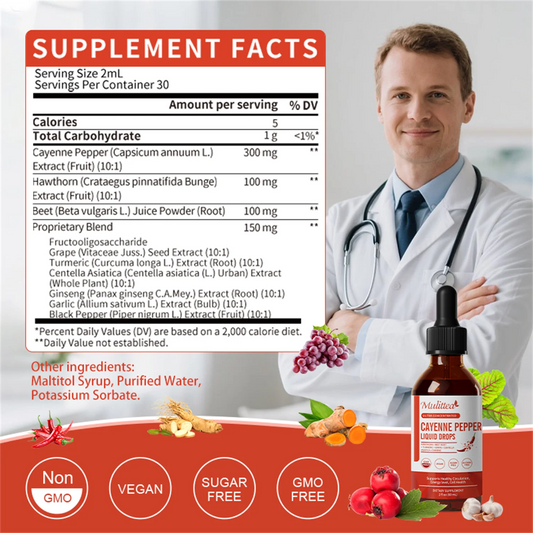 Cayenne Pepper Drops Supplement Liquid, Cayenne Pepper Extract with Hawthorn, Beet Root Powder, Turmeric Curcumin, Organic Ginseng, Garlic Extract, 2 Pack By Mulittea
