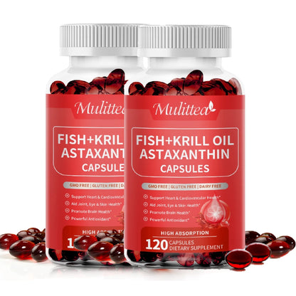 Mulittea Fish Oil + Krill Oil with EPA, DHA & Astaxanthin Supports Joint, Skin, Brain & Eye Health