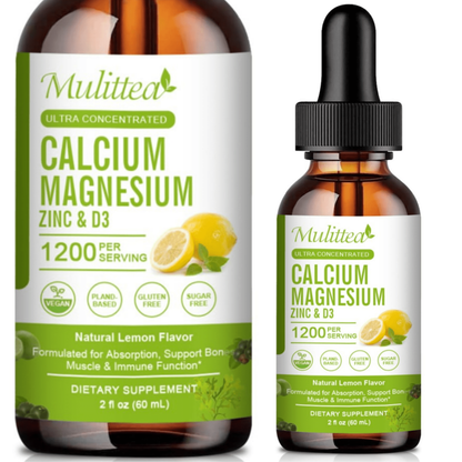Calcium Magnesium Zinc Liquid with Vitamin D3, Magnesium Glycinate Drops Plus Vitamin C K2, High Absorption Plant Calcium Supplement for Heart & Bone, 30 Servings, Lemon Flavor