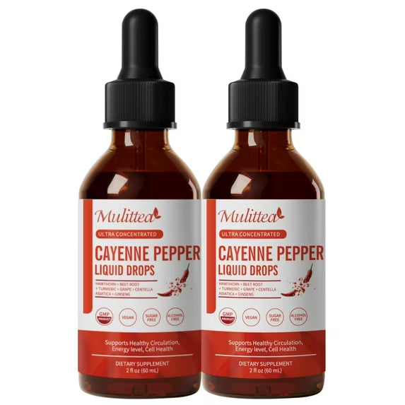 Cayenne Pepper Drops Supplement Liquid, Cayenne Pepper Extract with Hawthorn, Beet Root Powder, Turmeric Curcumin, Organic Ginseng, Garlic Extract, 2 Pack By Mulittea