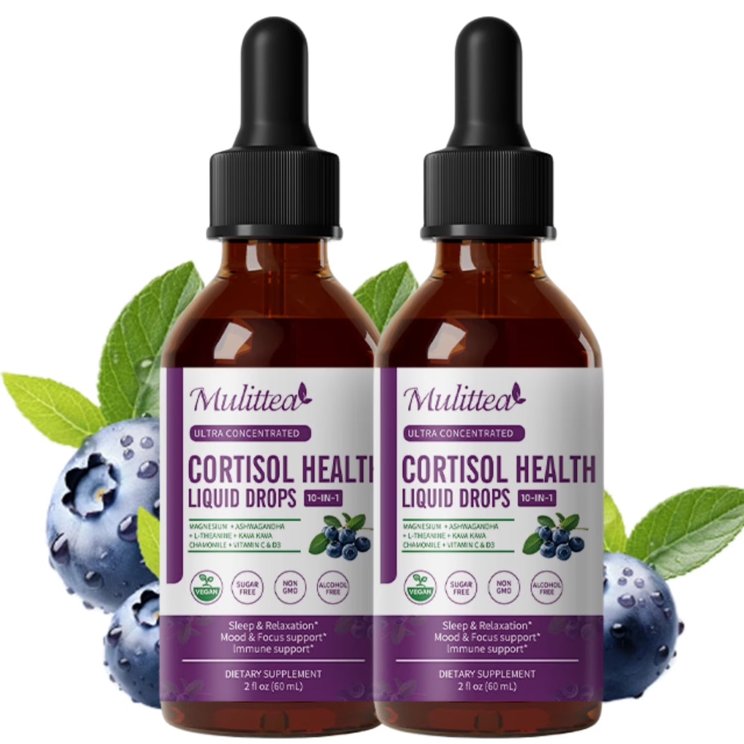 Cortisol Supplements for Women Men, Cortisol Reducer Detox Manager w/ Magnesium, Ashwagandha, L-theanine, Hormone Balance Liquid Drops Mood, Focus, Sleep Support - 4 Fl.oz, Blueberry Flavor