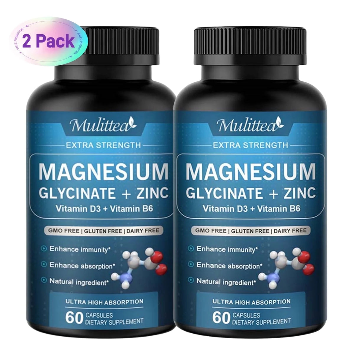 High-Absorption Magnesium Glycinate 500mg with Zinc, Vitamin D3 B6, Support Mood, Brain & Immune Health, 60 Vegan Pills, 2 Month Supply