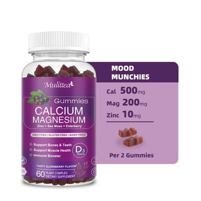 Mulittea Cal Mag Zinc Gummies 2-Pack | 200mg Magnesium Glycinate, Potassium & D3 | Bone, Muscle & Sleep Support | Elderberry Flavor