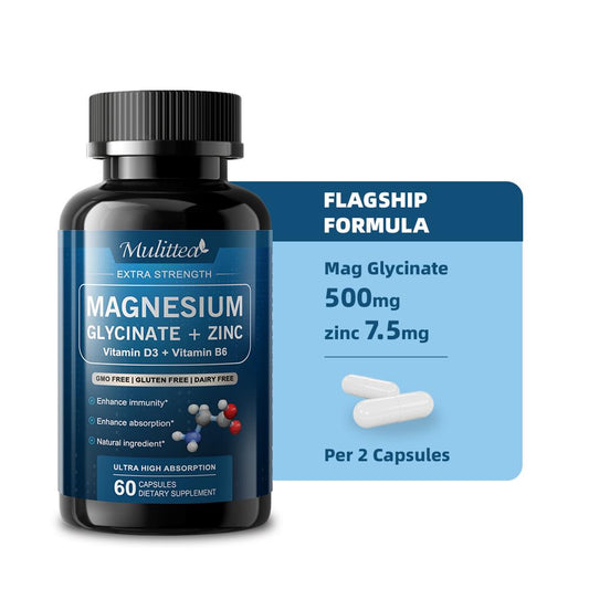 Mulittea Magnesium Glycinate 500mg with Zinc, Vitamin D3 & B6 - 60 counts