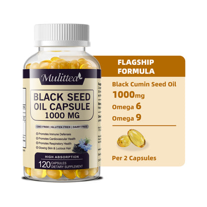 Mulittea Black Seed Oil 1000mg – Cold-Pressed Black Cumin Seed Oil Softgels | Non-GMO, Gluten-Free Omega 6 & 9 Capsules