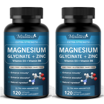 Mulittea Magnesium Glycinate 500mg Capsules with Zinc Vitamin D3 & B6 - Promotes Nerve, Bowel, Relaxation Function Vegan Capsules for Women & Men