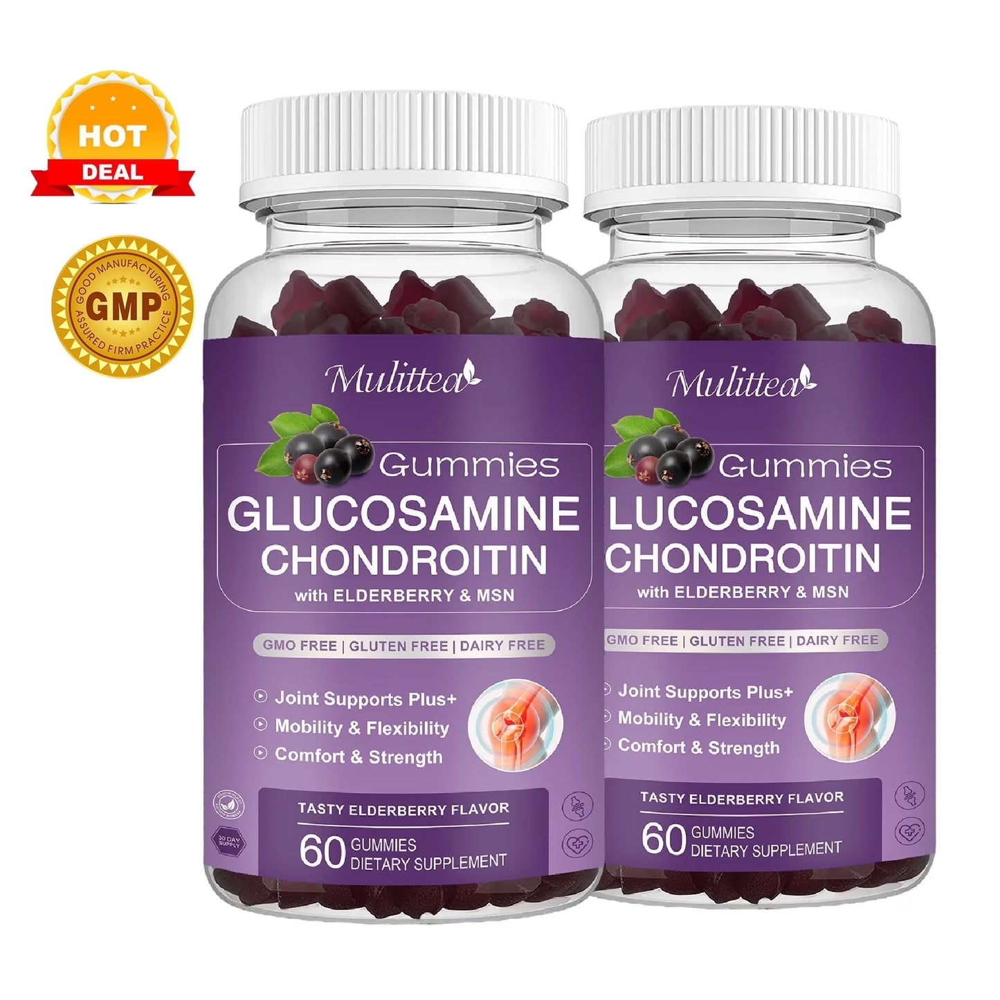 Mulittea Glucosamine Chondroitin Gummies - Extra Strength Joint Support Supplement with MSM & Elderberry for Natural Joint, Antioxidant Immune Support for Adults, Men & Women-(2 Pack)