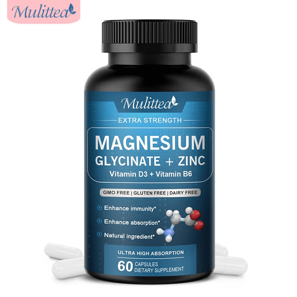 Mulittea Magnesium Glycinate 500mg with Zinc, Vitamin D3+ Vitamin B6, High Absorption 60 Vegan Capsules (Gluten Free & Non-GMO), Enhance Immunity