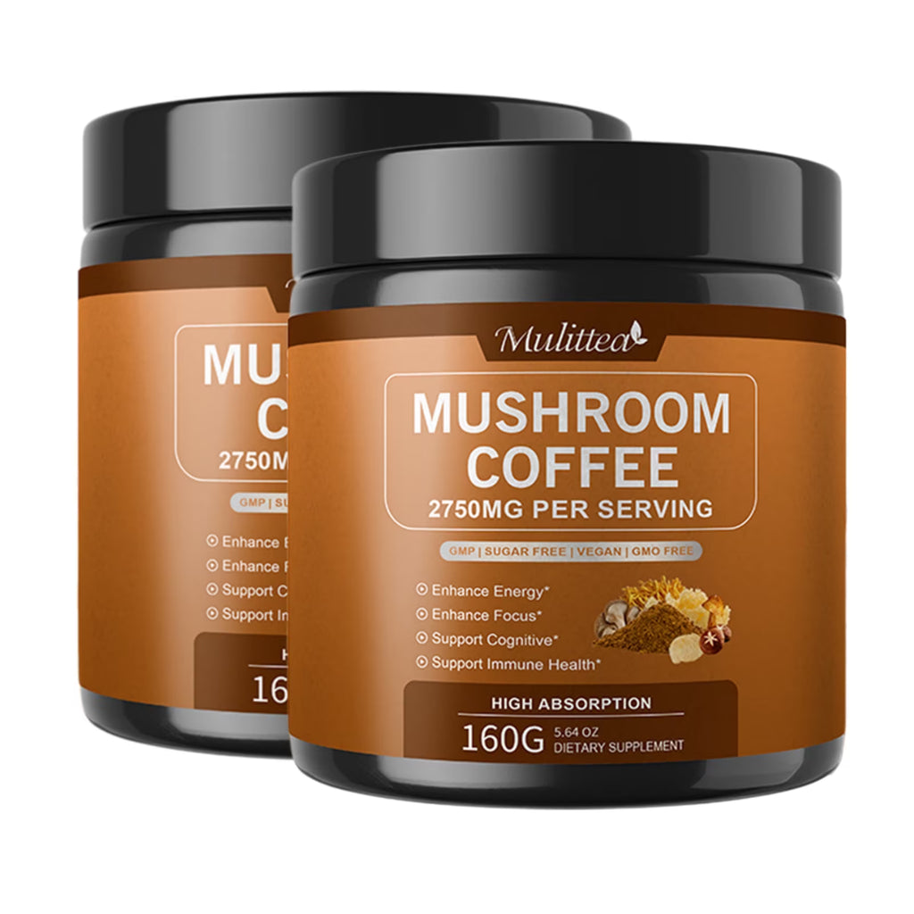 Mulittea Mushroom Coffee with Ashwagandha & Collagen – Lion's Mane, Cordyceps & Chaga Blend for Energy & Immune Support, Focus & Mental Clarity - Sugar-Free Instant Coffee Powder -100 Servings