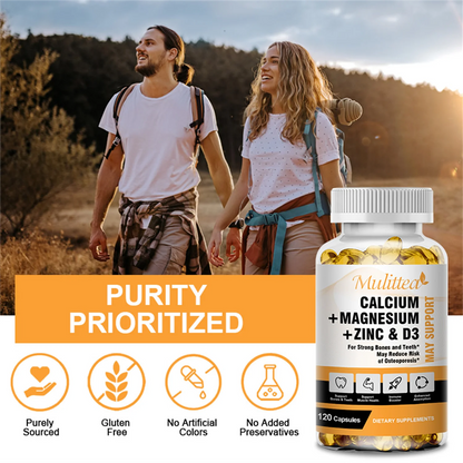 Mulittea Calcium Magnesium Zinc with Vitamin D3 Supplement, Strong Bones, Teeth & Heart, Easy to Swallow, 240 Capsules